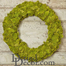 A green dried reindeer moss wreath displayed against a wooden background.